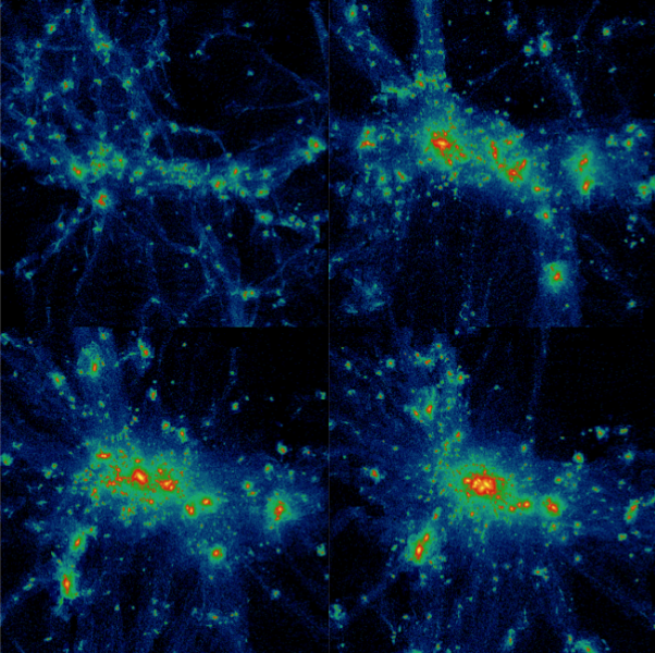 formazione di un ammasso di galassie simulato, da 5 miliardi di anni dopo il Big Bang (in alto a sinistra) fino al tempo attuale. Credits: Vazza et al. 2010.